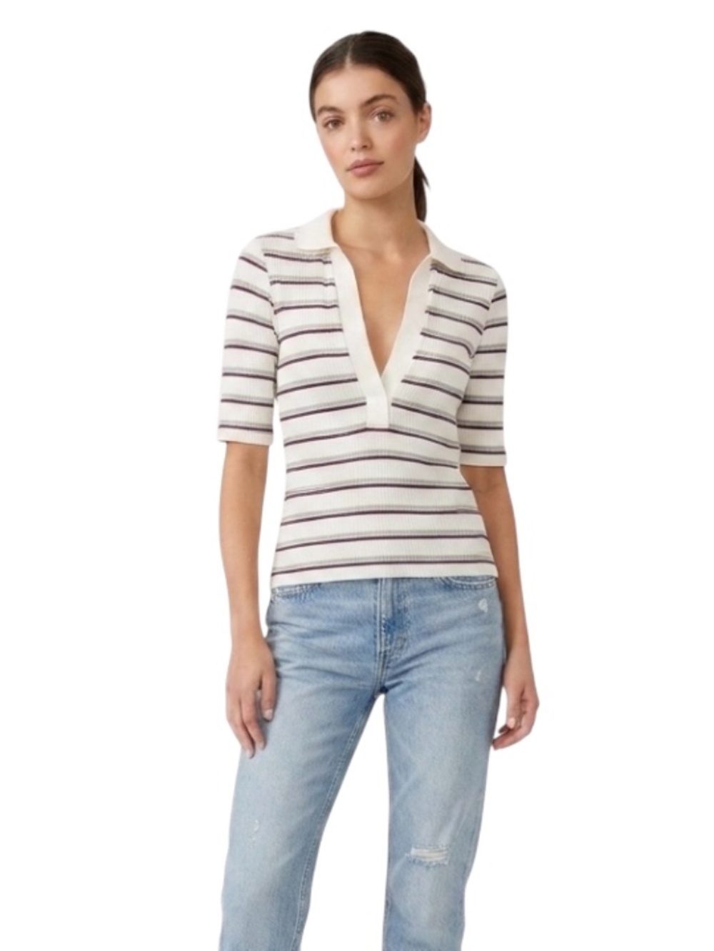 Free People Striped Deep V-Neck Polo Top S Ribbed Short Sleeve Retro Preppy Y2K